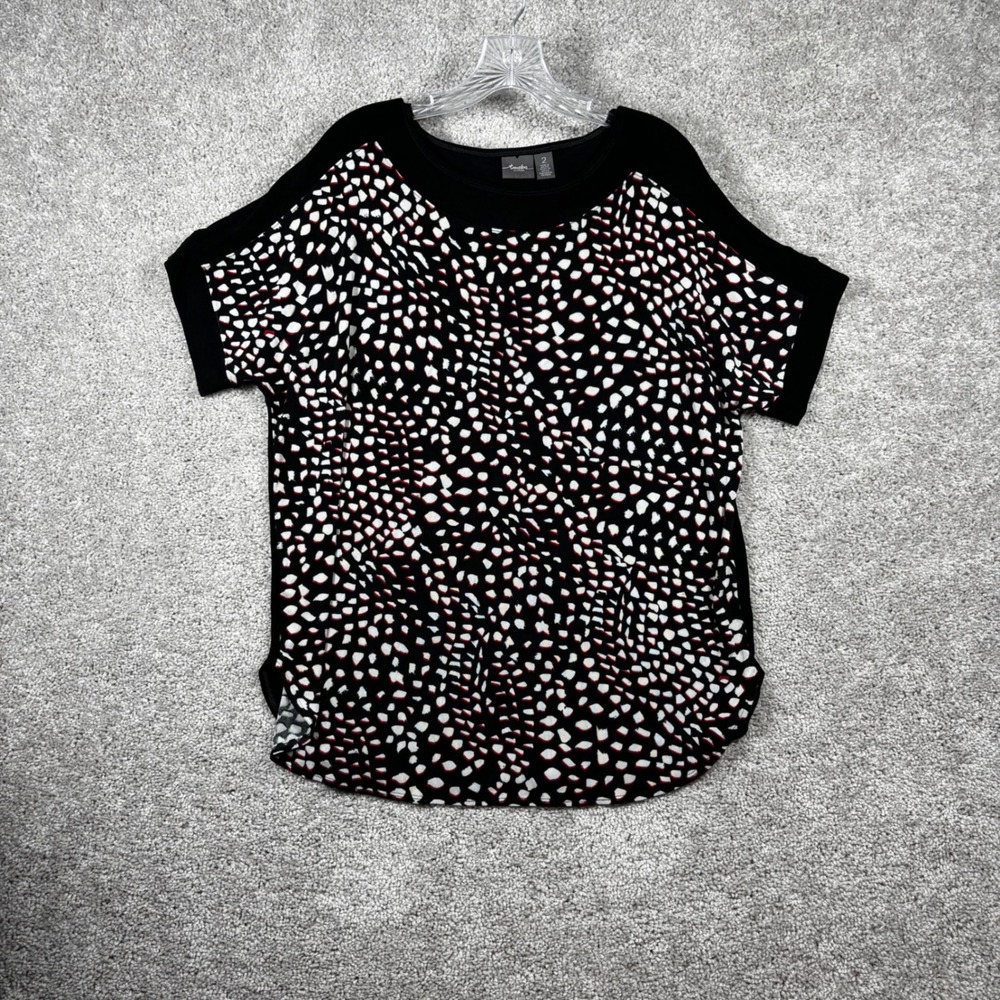 Travelers by Chicos Womens Size 2 Black White Red Abstract Dot Short Sleeve Top